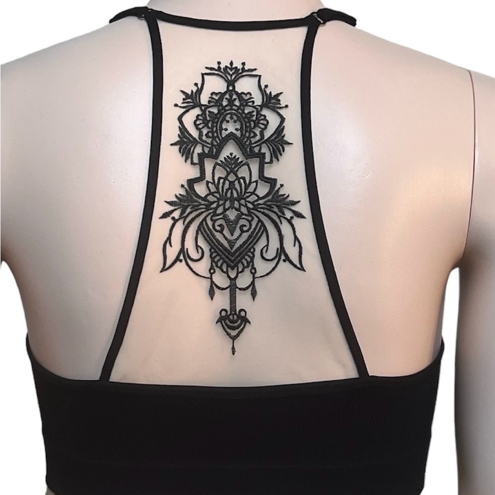 Plus Size Boho Tattoo Mesh Racerback Black Bralette 1X/2X